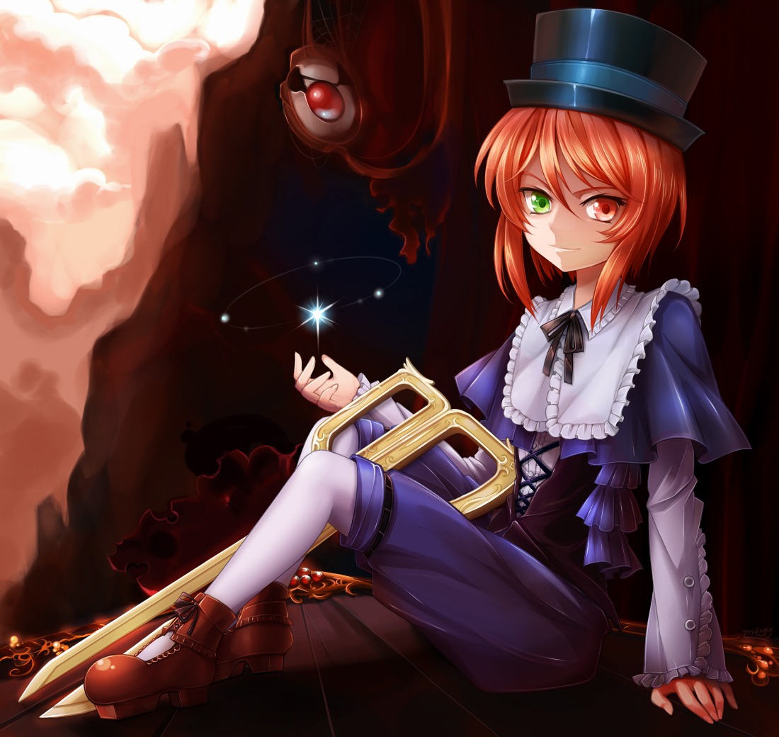 1boy 1girl boots brown_hair commentary_request green_eyes hat heterochromia image long_sleeves mtyy pantyhose photoshop_(medium) red_eyes rozen_maiden scissors short_hair sitting smile solo souseiseki top_hat white_legwear