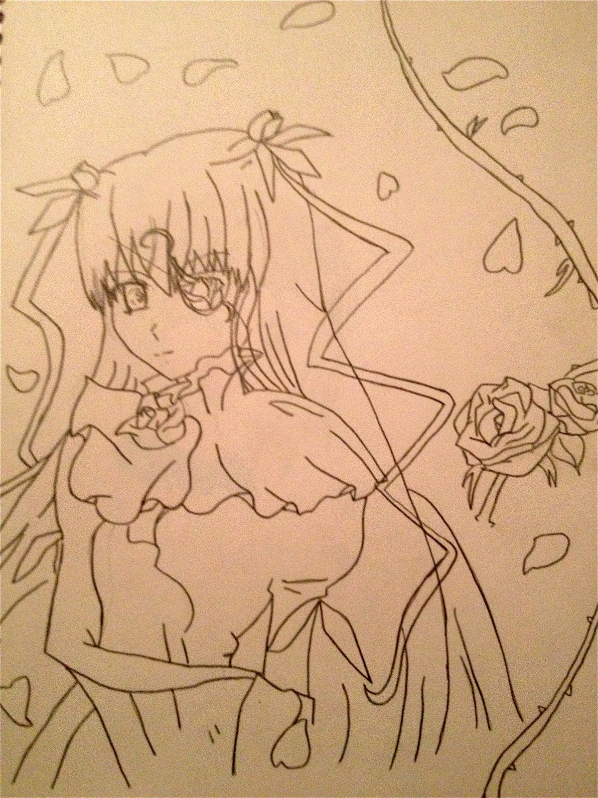 1girl barasuishou dress flower frills hair_ribbon heart image long_hair long_sleeves looking_at_viewer monochrome petals ribbon rose rose_petals solo traditional_media two_side_up upper_body very_long_hair