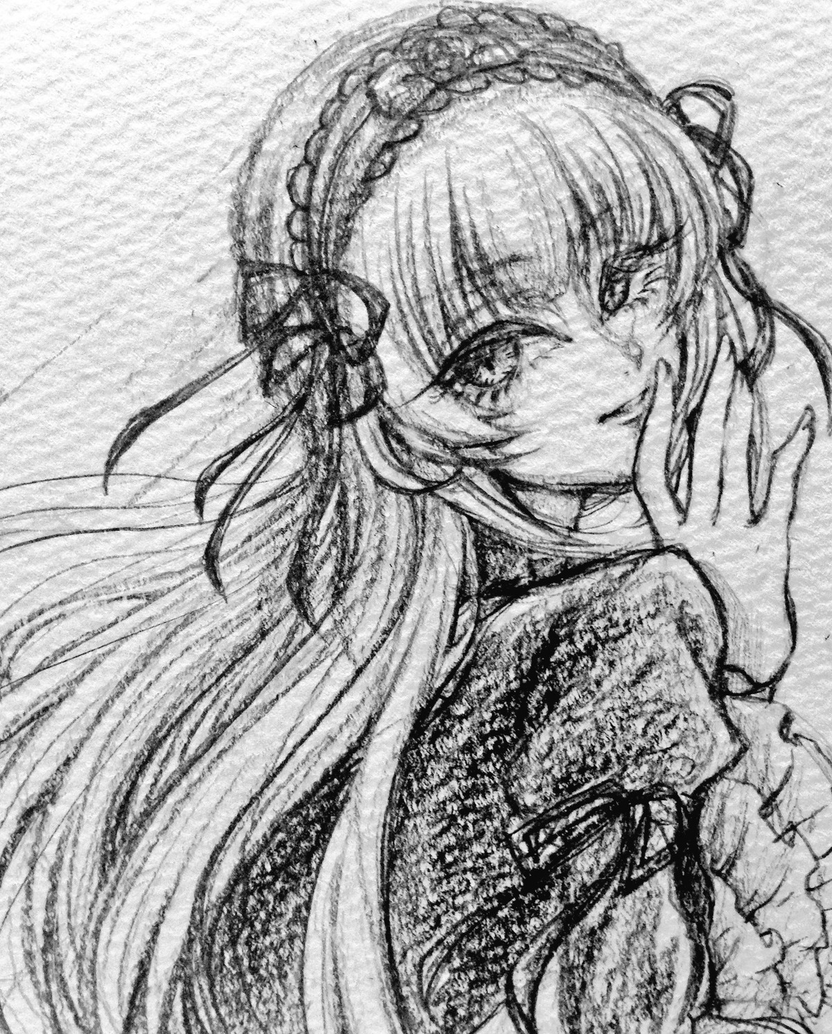 1girl floating_hair greyscale hairband image long_hair looking_at_viewer monochrome smile solo suigintou traditional_media