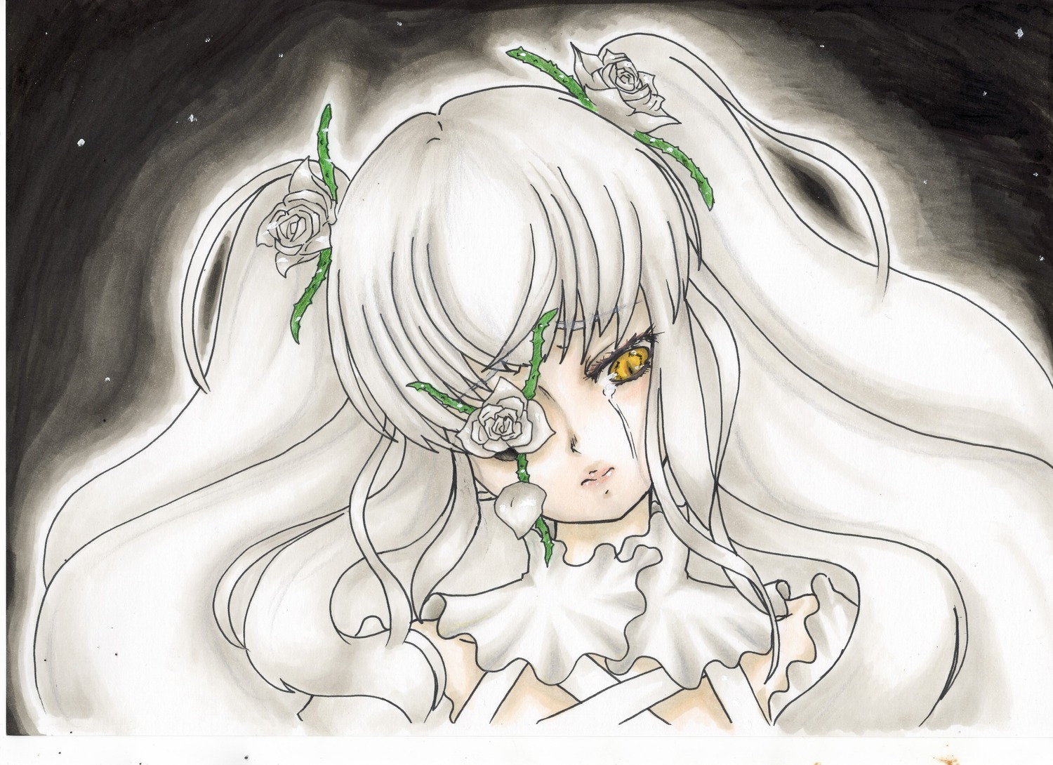 1girl eyepatch flower hair_flower hair_ornament image kirakishou long_hair rose solo thorns traditional_media vines white_flower white_hair white_rose yellow_eyes