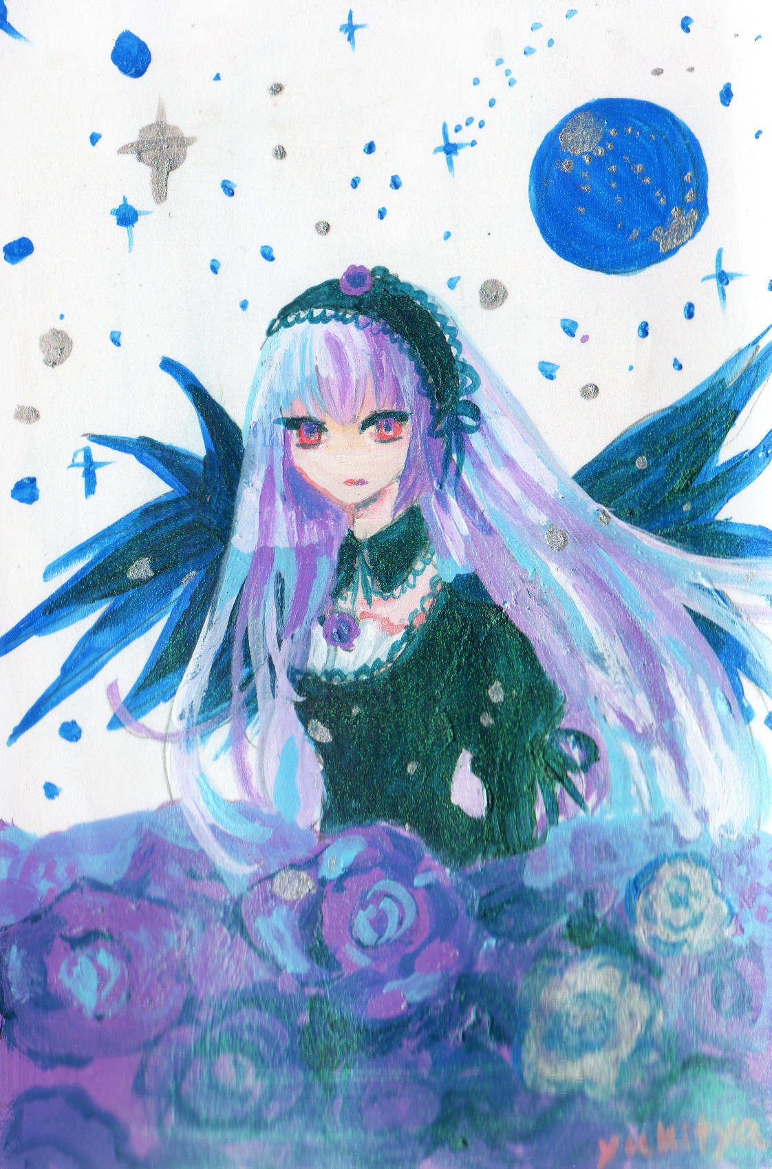 1girl black_dress black_ribbon detached_collar dress flower frills hairband image lolita_hairband long_hair long_sleeves red_eyes rose solo suigintou traditional_media very_long_hair wings