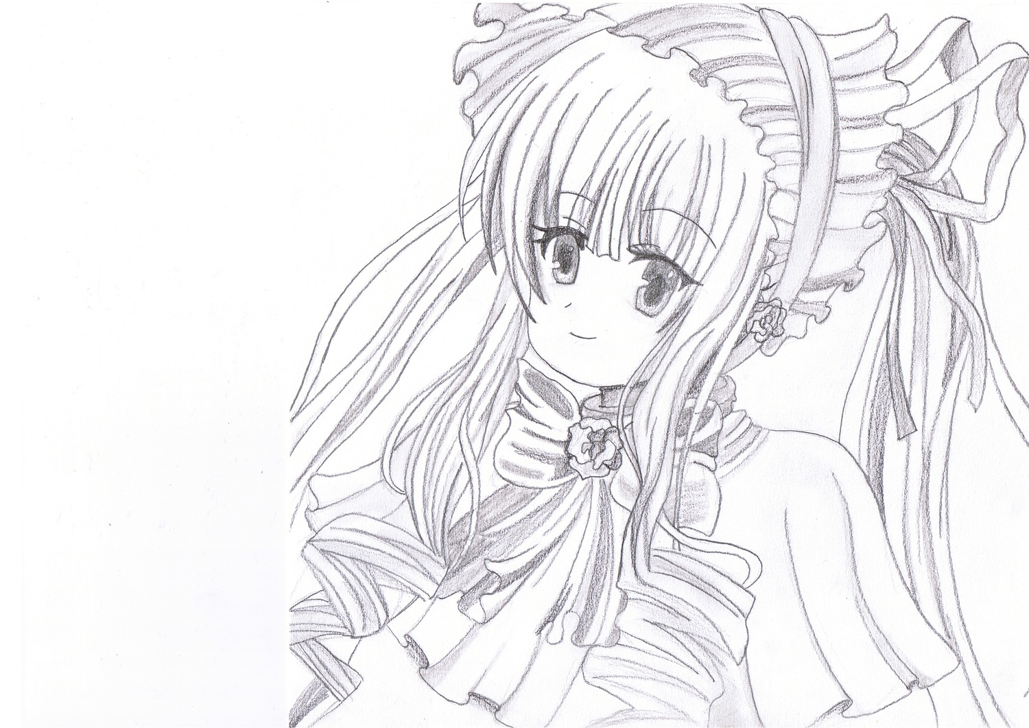 1girl blush bonnet bow dress drill_hair eyebrows_visible_through_hair image lolita_fashion long_hair looking_at_viewer monochrome ribbon ringlets shinku simple_background smile solo striped traditional_media twin_drills upper_body white_background