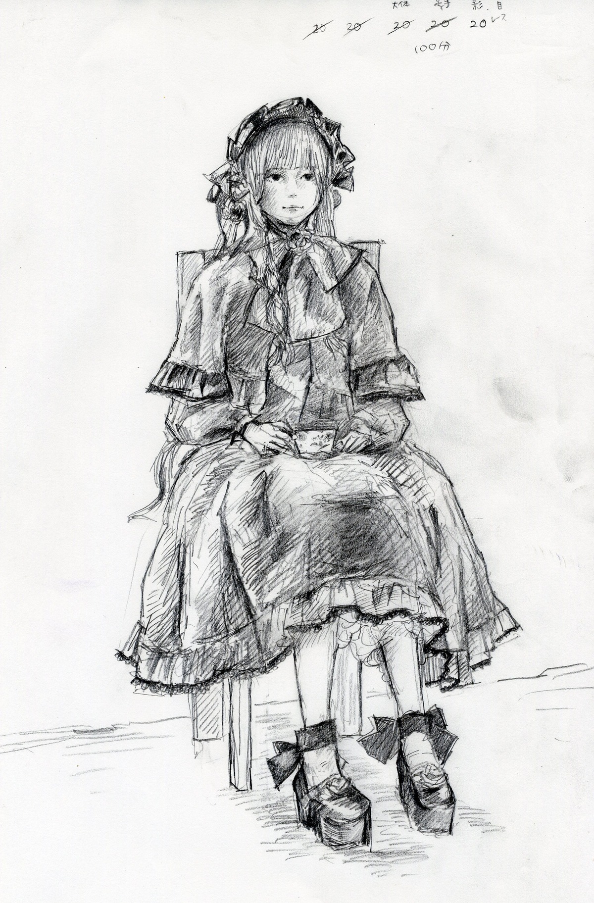 1girl dress frills full_body greyscale image long_sleeves monochrome shinku sitting solo traditional_media