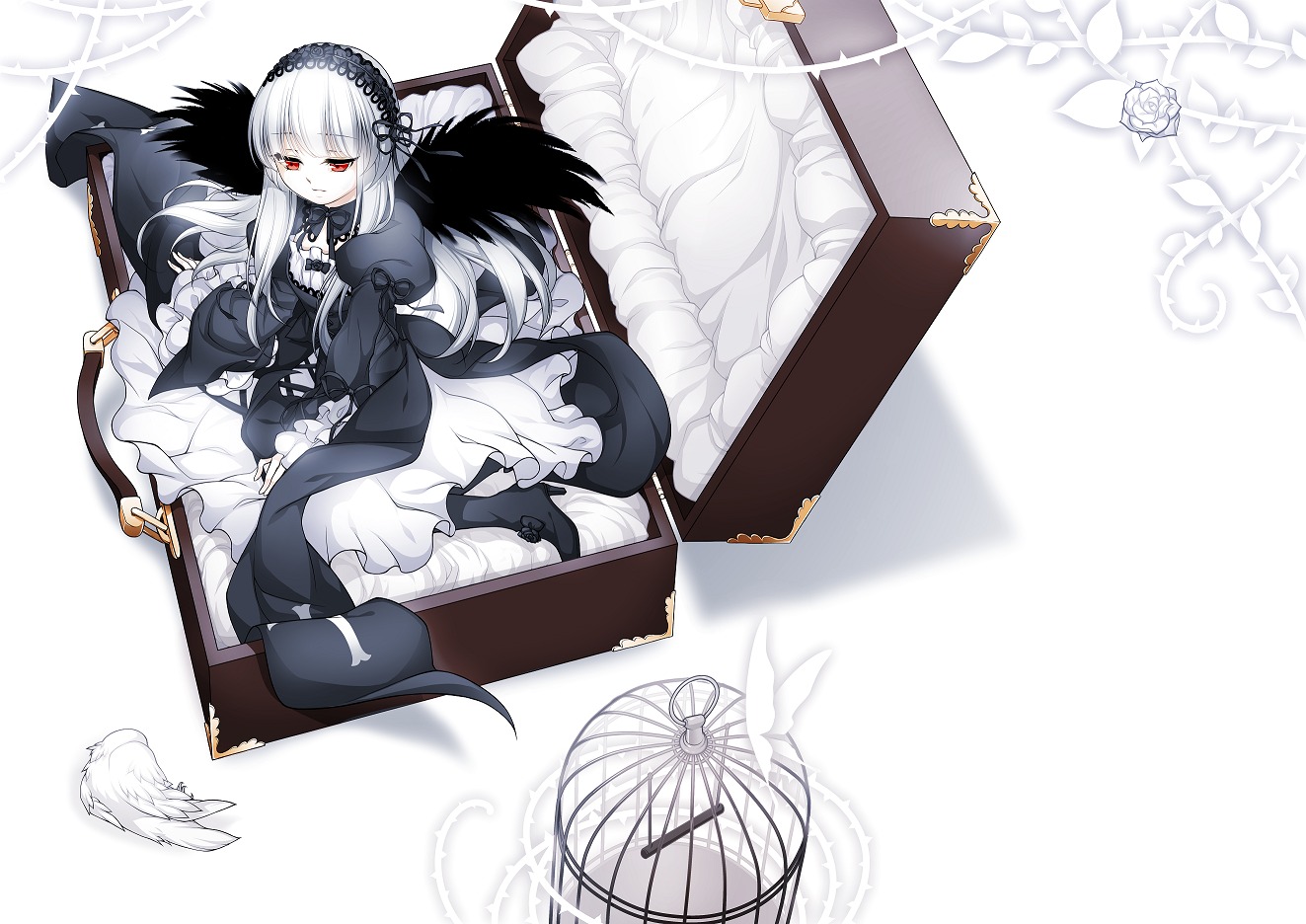 1girl bangs birdcage black_wings cage dress feathered_wings feathers flower frills hairband image long_hair long_sleeves red_eyes rose silver_hair sitting solo suigintou very_long_hair white_flower white_rose white_wings wings