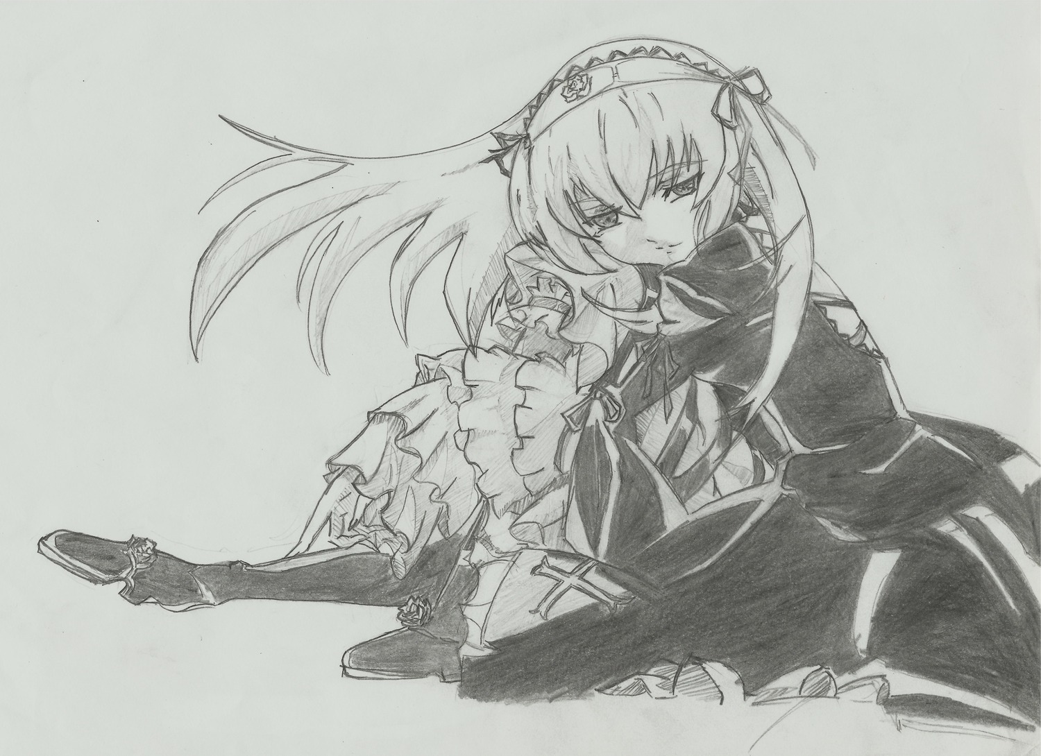 1girl closed_mouth dress frilled_sleeves frills full_body hairband image long_hair long_sleeves looking_at_viewer monochrome ribbon simple_background solo suigintou traditional_media very_long_hair wide_sleeves wings