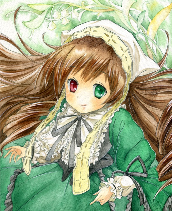 1girl black_ribbon brown_hair colored_pencil_(medium) dress drill_hair frills green_dress green_eyes hat head_scarf heterochromia image long_hair long_sleeves looking_at_viewer marker_(medium) pastel_(medium) red_eyes ribbon simple_background smile solo suiseiseki traditional_media very_long_hair watercolor_(medium)