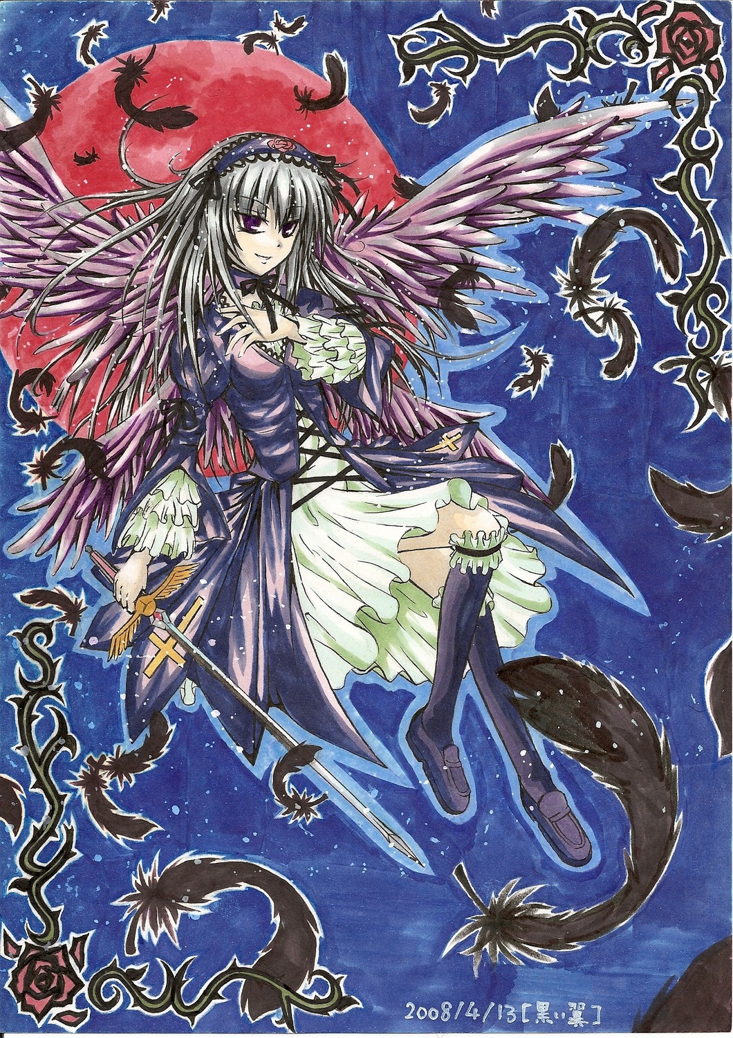 1girl auto_tagged black_wings boots breasts cleavage dress feathers flower frills full_moon hairband image long_hair long_sleeves moon night purple_eyes rose silver_hair sky solo suigintou wings