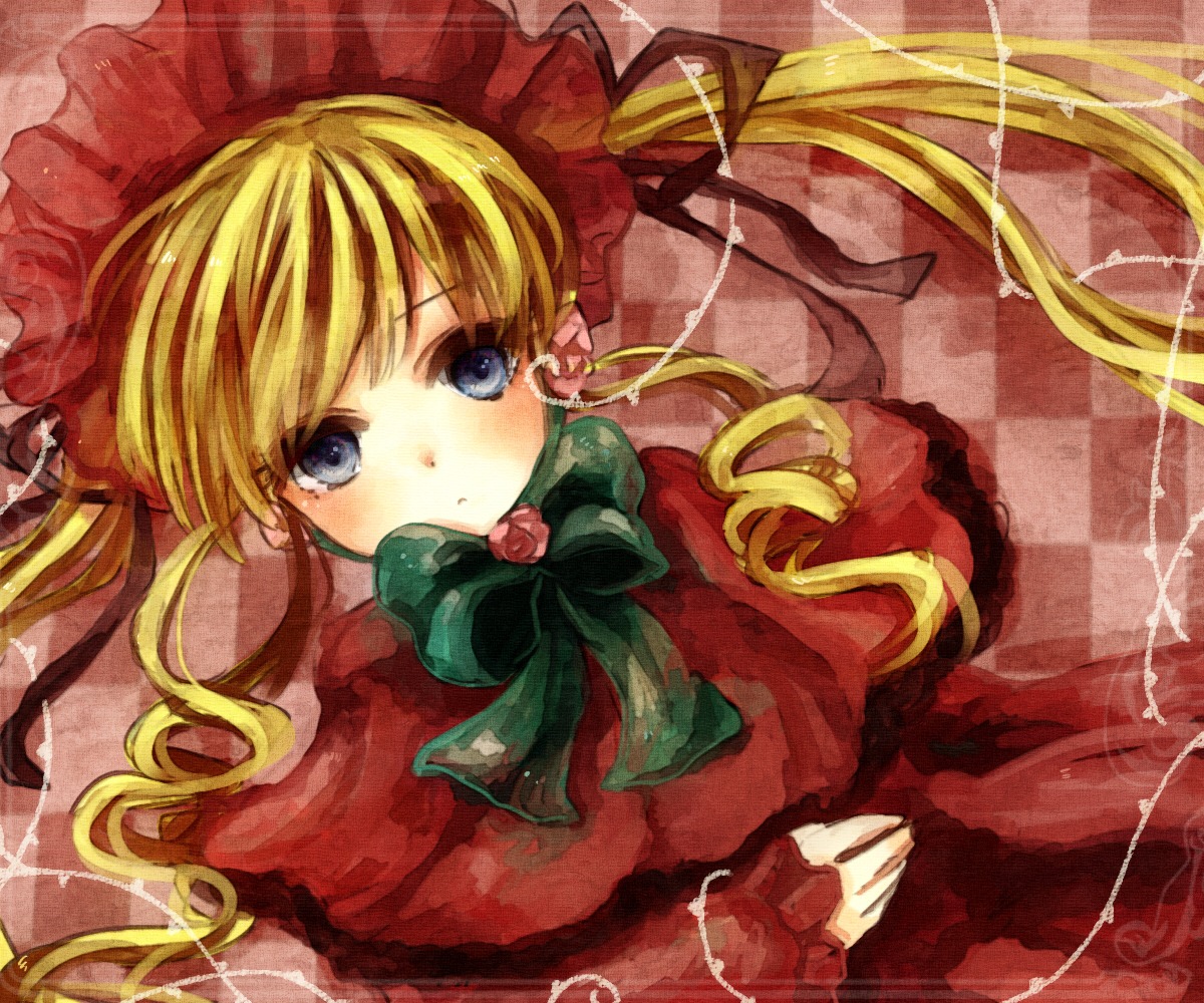 1girl blonde_hair blue_eyes bonnet bow bowtie checkered checkered_background checkered_floor commentary_request dress drill_hair flower green_bow hatasan image long_hair long_sleeves looking_at_viewer lying on_back red_dress ribbon rose rozen_maiden shinku solo thorns traditional_media twintails very_long_hair