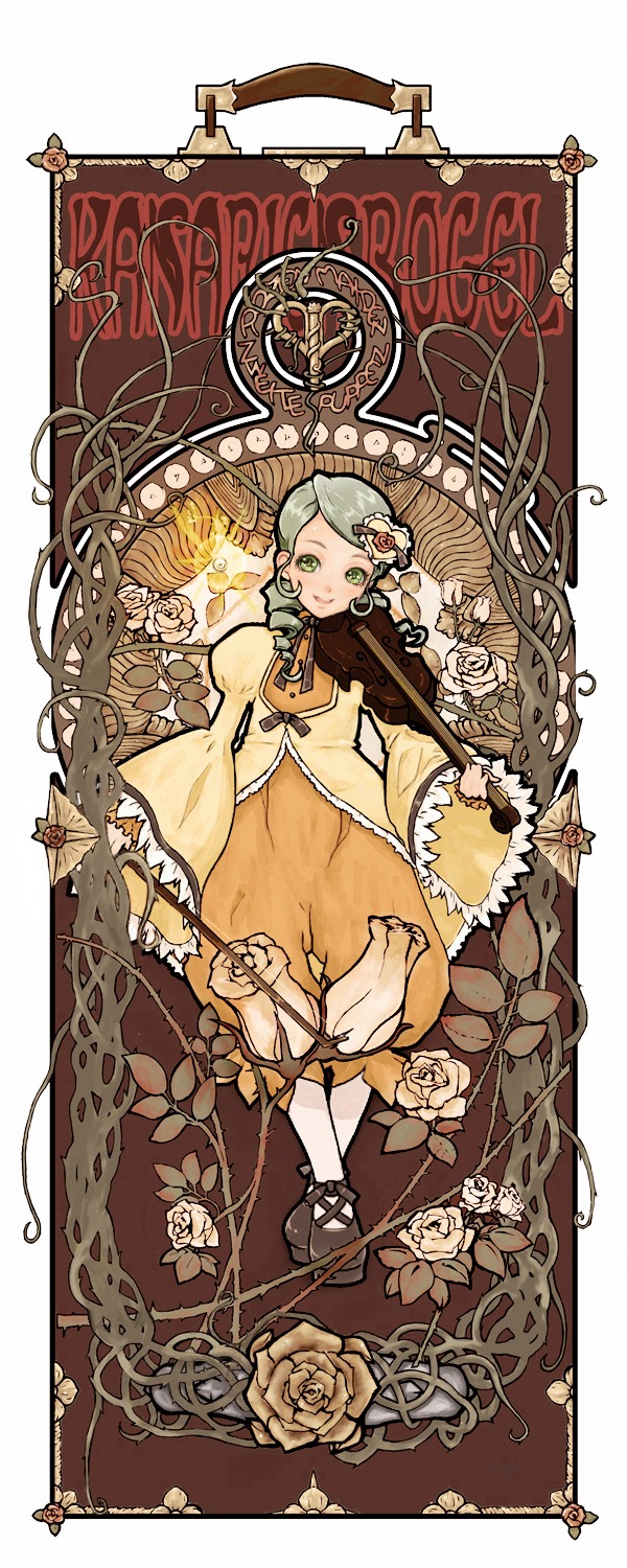 1girl art_nouveau commentary_request dress drill_hair flower fujinozu full_body green_eyes green_hair hair_ornament highres image instrument kanaria looking_at_viewer plant rose rozen_maiden solo vines violin yellow_dress
