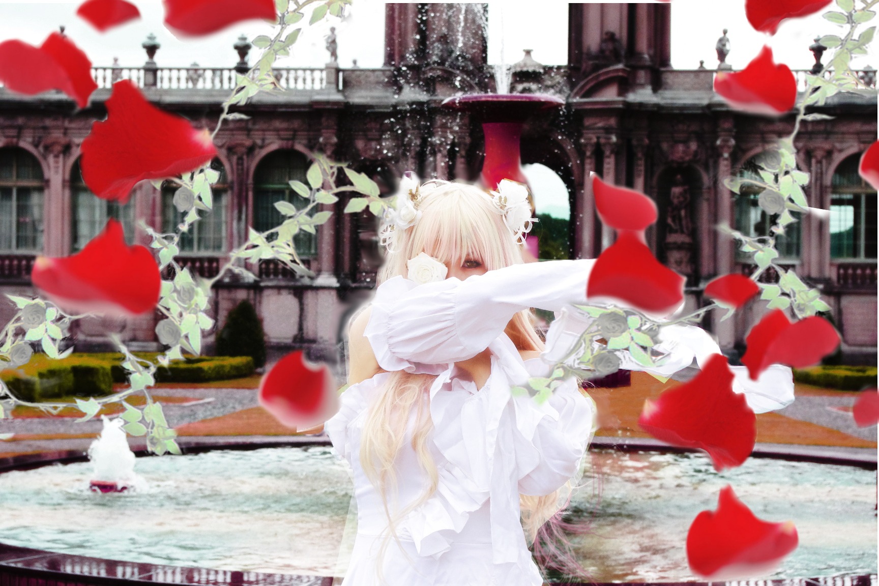 1girl blurry blurry_foreground bouquet bridal_veil depth_of_field dress flower instrument kirakishou petals solo veil wedding_dress white_dress