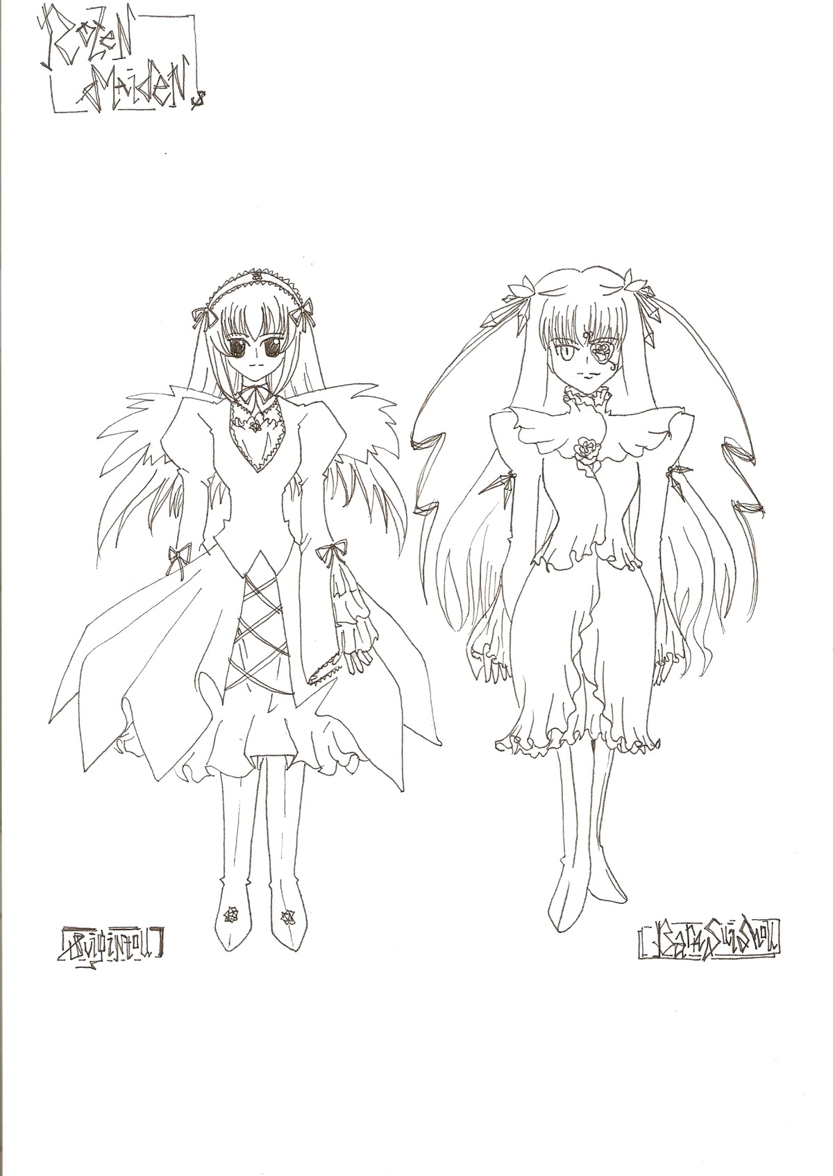 2girls barasuishou boots dress feathered_wings full_body greyscale hairband image long_hair long_sleeves looking_at_viewer monochrome multiple_girls pair ribbon simple_background standing striped striped_legwear suigintou thighhighs vertical_stripes very_long_hair white_background wings