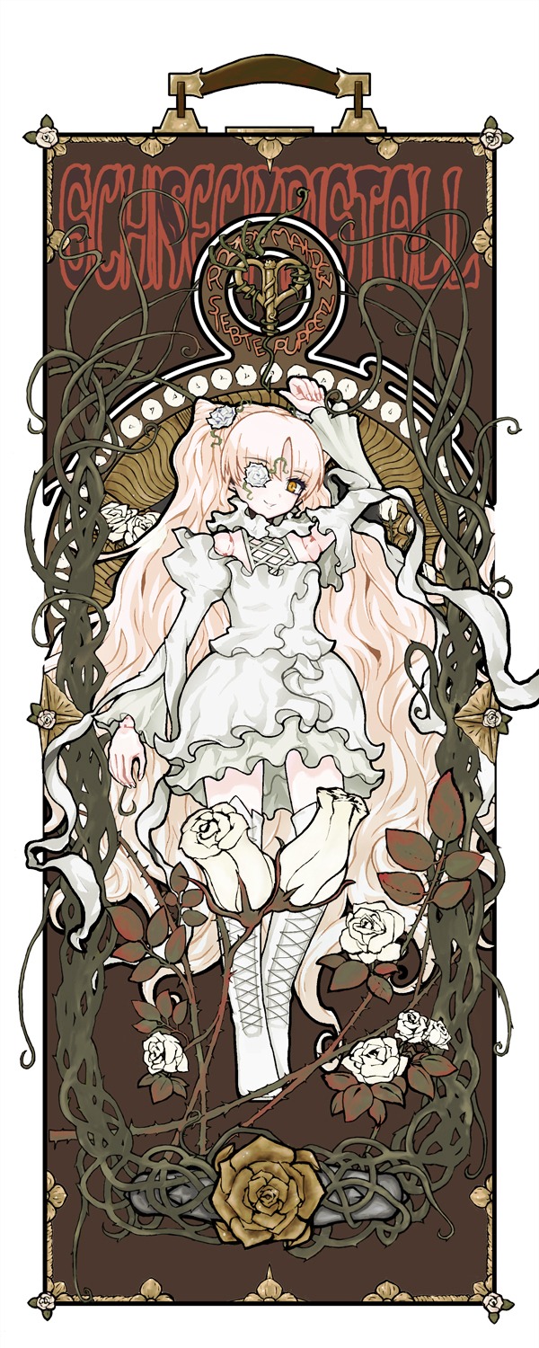 1girl art_nouveau boots brown_eyes commentary_request doll_joints dress eyepatch flower fujinozu full_body highres image joints kirakishou long_hair pink_hair plant rose rozen_maiden solo thigh_boots thighhighs thorns very_long_hair vines white_dress white_flower white_hair white_rose yellow_flower yellow_rose