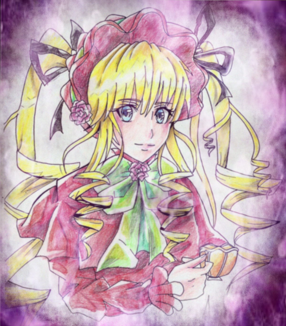 1girl blonde_hair blue_eyes bonnet bow dress drill_hair flower image long_hair long_sleeves looking_at_viewer ringlets rose shinku smile solo traditional_media twin_drills upper_body