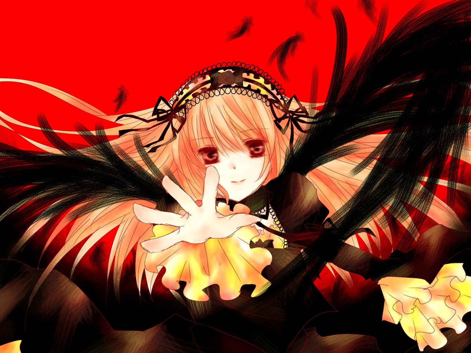 1girl black_wings dress frills hairband image lolita_hairband long_hair long_sleeves looking_at_viewer outstretched_hand red_background red_sky ribbon smile solo suigintou very_long_hair wings