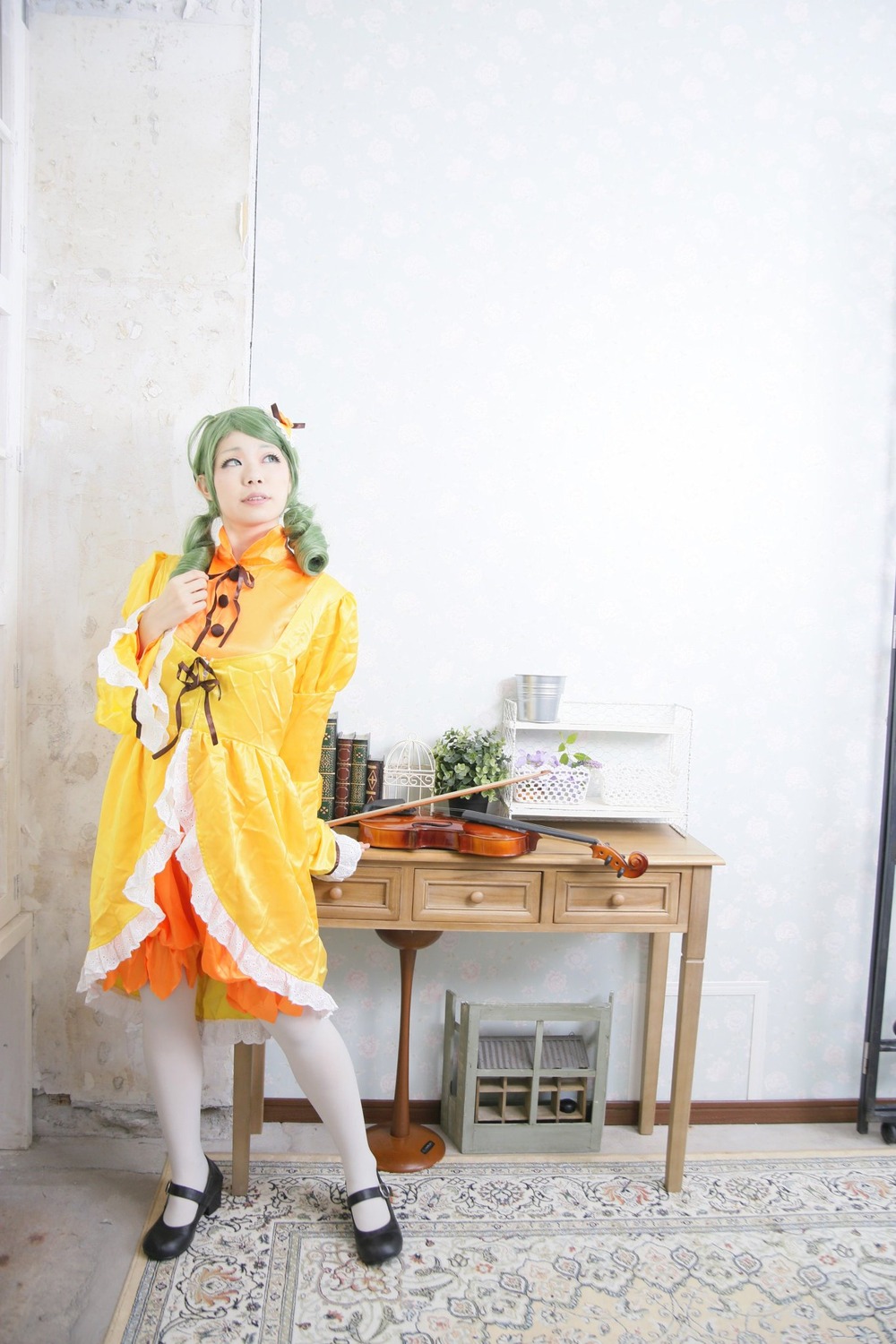 1girl black_footwear dress green_hair kanaria mary_janes pantyhose shoes solo standing white_legwear yellow_dress