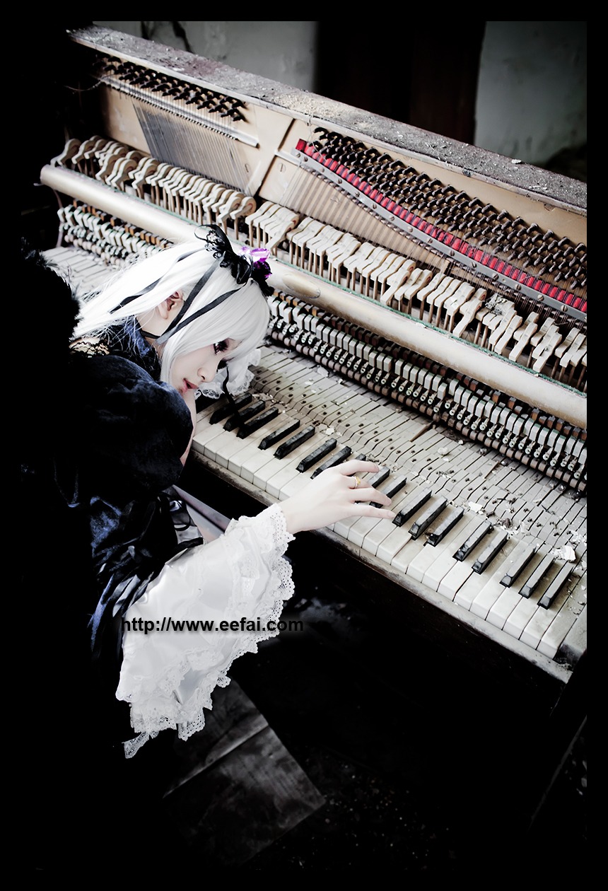 1girl black_dress dress frills gothic_lolita hair_ornament instrument lips lolita_fashion makeup music nail_polish playing_instrument solo suigintou white_hair