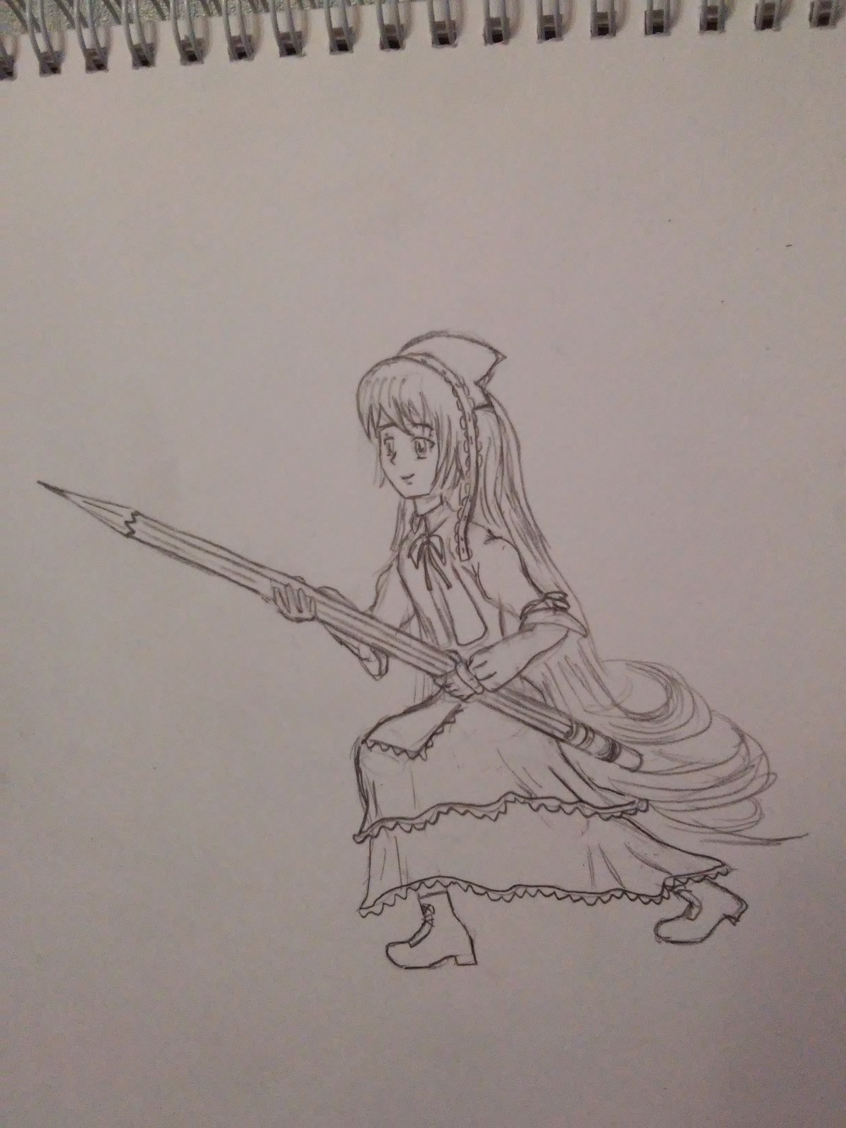 1girl boots bow dress full_body image long_hair monochrome photo short_sleeves solo standing suiseiseki traditional_media very_long_hair weapon