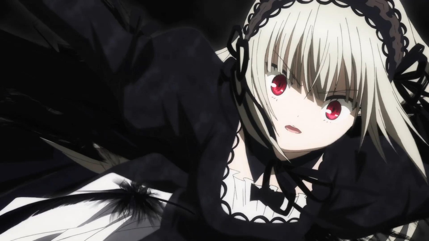 1girl bangs black_dress black_ribbon black_wings dress eyebrows_visible_through_hair hairband image long_hair long_sleeves looking_at_viewer open_mouth red_eyes ribbon solo suigintou wings