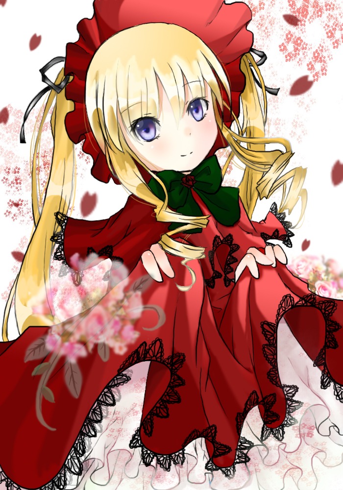 1girl blonde_hair blue_eyes blush bonnet bow bowtie dress drill_hair green_bow image long_hair long_sleeves looking_at_viewer petals red_dress shinku smile solo twintails