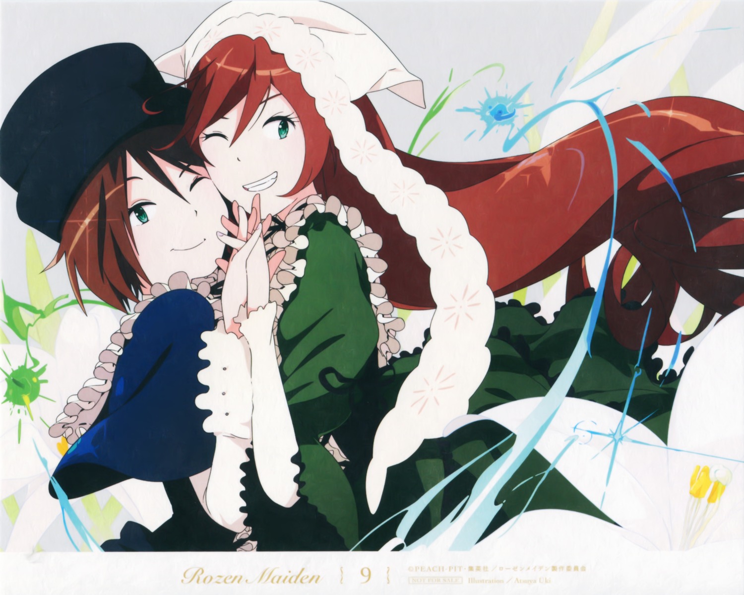 2girls auto_tagged brown_hair dress frills green_eyes grin hat head_scarf image long_hair long_sleeves looking_at_viewer multiple_girls one_eye_closed pair red_hair smile souseiseki suiseiseki twins