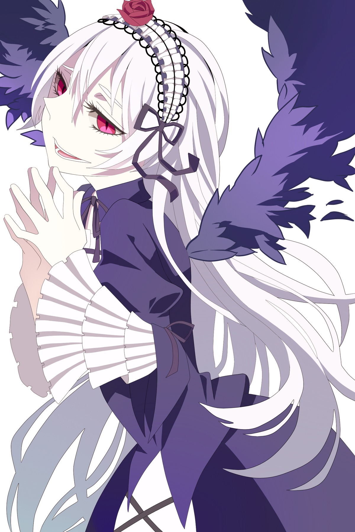 1girl bangs black_ribbon black_wings dress flower frilled_sleeves frills hairband image long_hair long_sleeves looking_at_viewer open_mouth pink_eyes red_eyes ribbon rose solo suigintou very_long_hair white_background wings