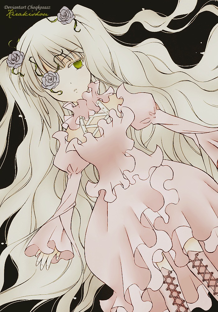 1girl boots cross-laced_footwear dress eyepatch flower frills green_eyes hair_flower hair_ornament image joints kirakishou long_hair puffy_sleeves rose solo very_long_hair