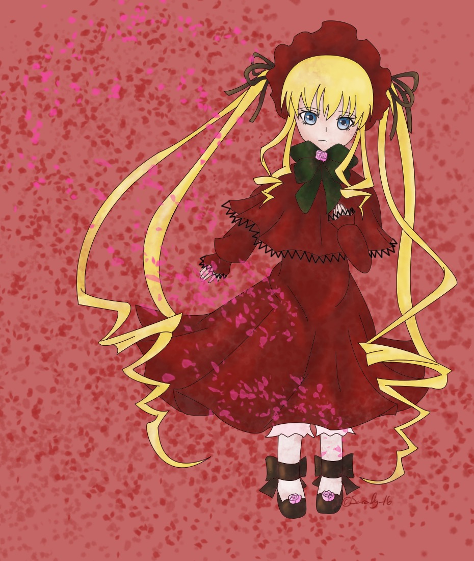 1girl blonde_hair blue_eyes bonnet bow bowtie capelet dress full_body green_bow image long_hair long_sleeves looking_at_viewer red_dress shinku shoes solo standing twintails very_long_hair