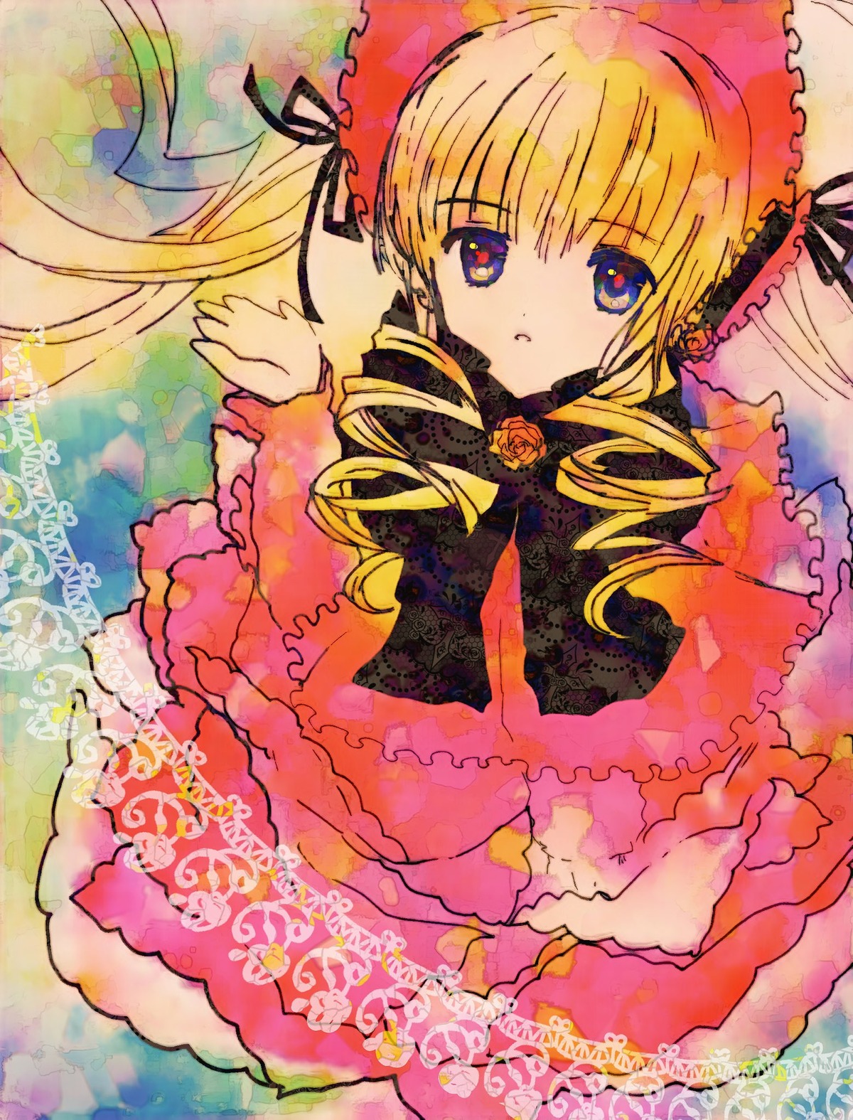 1girl artist_name blonde_hair blue_eyes bonnet bow copyright_name dress drill_hair flower frills image long_hair long_sleeves looking_at_viewer rose shinku solo traditional_media twin_drills twintails