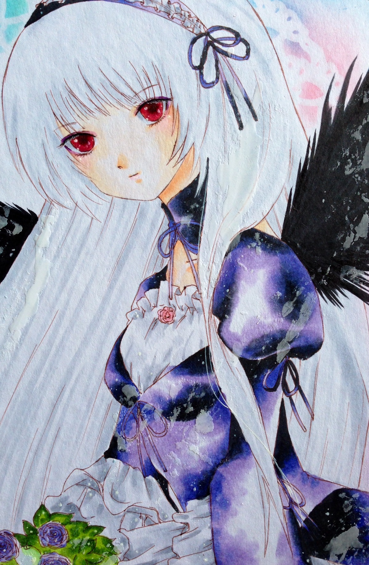 1girl bangs black_wings dress expressionless feathers flower frills hairband image juliet_sleeves long_hair long_sleeves looking_at_viewer puffy_sleeves red_eyes ribbon rose solo suigintou traditional_media wings