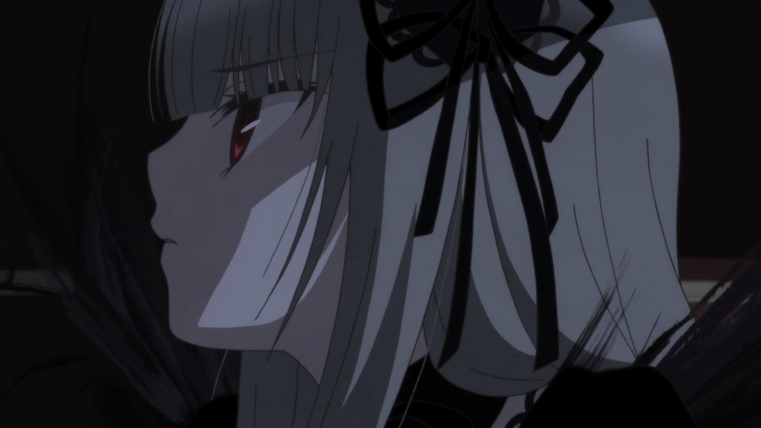 1girl bangs black_ribbon close-up hair_ribbon image profile red_eyes ribbon solo suigintou