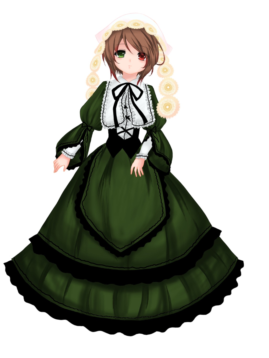 1girl brown_hair costume_switch dress frills green_dress green_eyes heterochromia image long_sleeves looking_at_viewer red_eyes ribbon short_hair solo souseiseki suiseiseki white_background