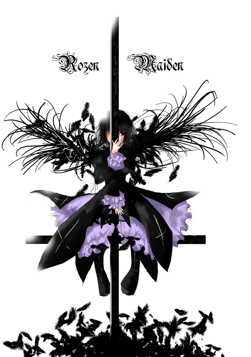 1girl black_hair bug butterfly dress frills gothic_lolita image insect lolita_fashion long_hair red_eyes solo suigintou thighhighs