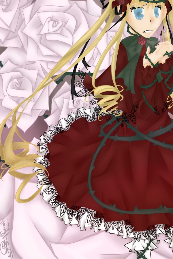 1girl blonde_hair blue_eyes bonnet bow dress flower frills image long_hair long_sleeves red_dress rose shinku solo twintails very_long_hair