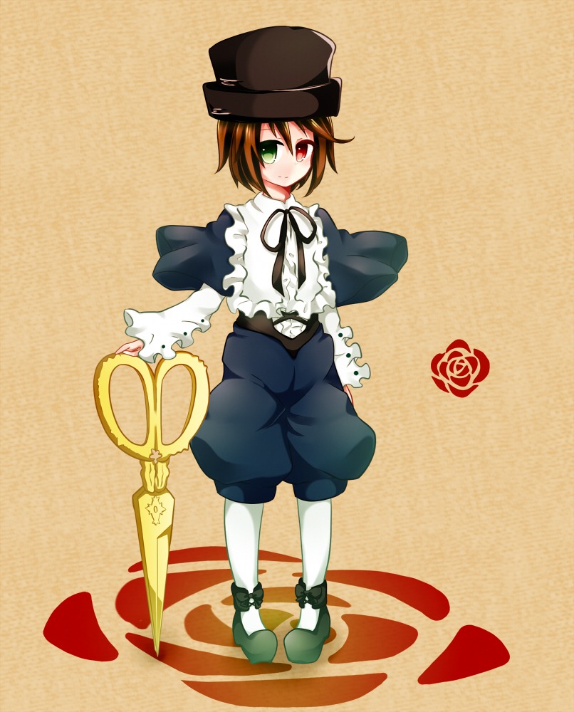 1girl brown_hair flower frills full_body green_eyes hat heterochromia image long_sleeves pantyhose red_eyes rose short_hair shorts solo souseiseki standing top_hat white_legwear