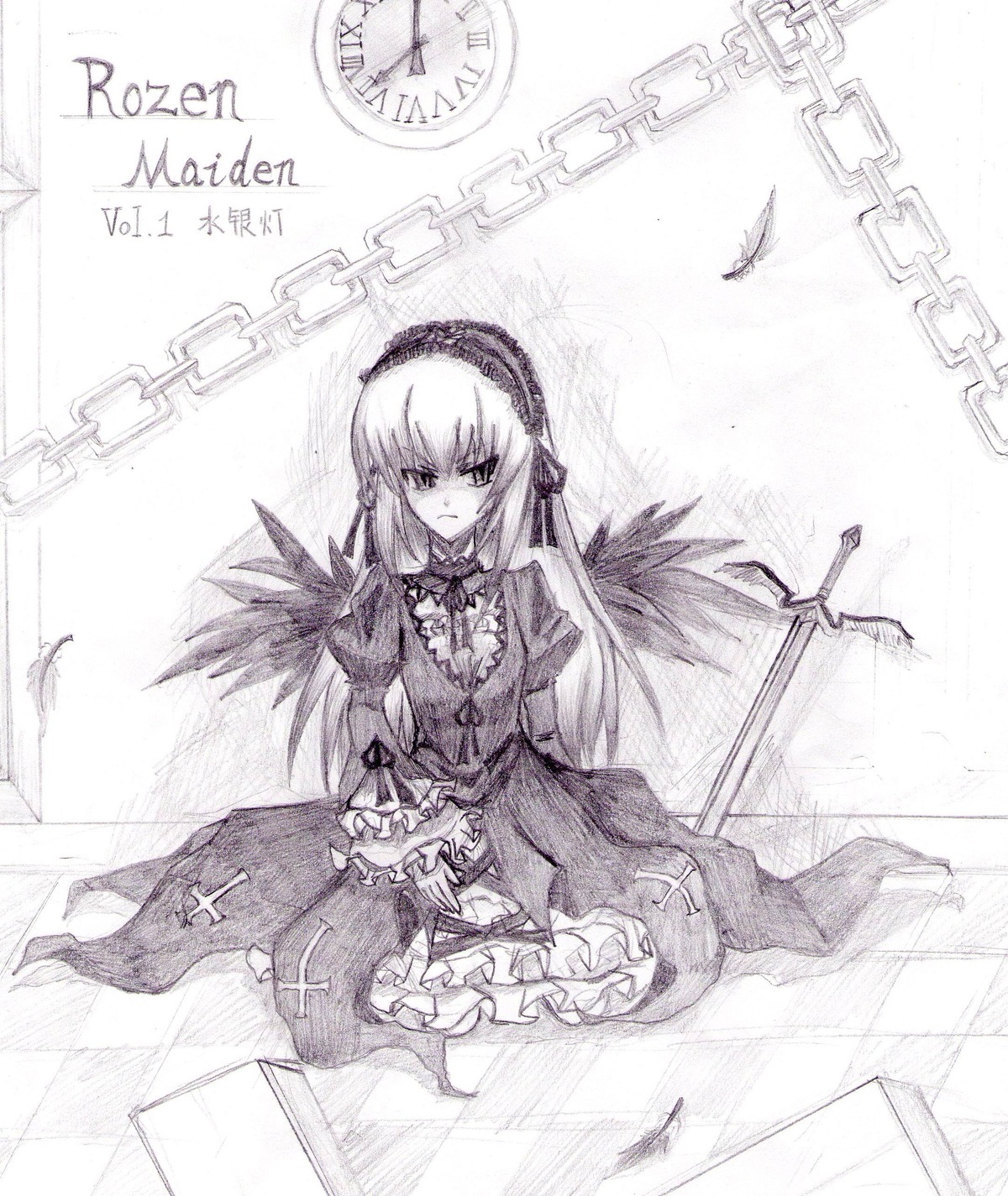 1girl chain chained clock dress feathers flower frills greyscale hairband image long_hair long_sleeves looking_at_viewer monochrome rose sitting solo suigintou very_long_hair wings