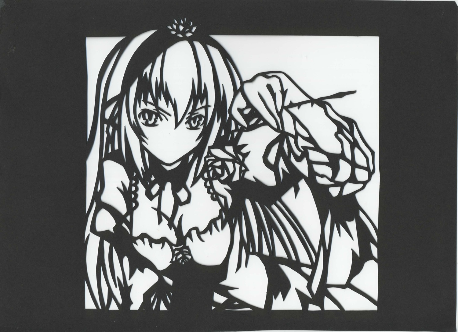 1girl bare_shoulders breasts cleavage dress elbow_gloves flower gloves greyscale hairband image long_hair looking_at_viewer medium_breasts monochrome rose simple_background solo suigintou traditional_media upper_body