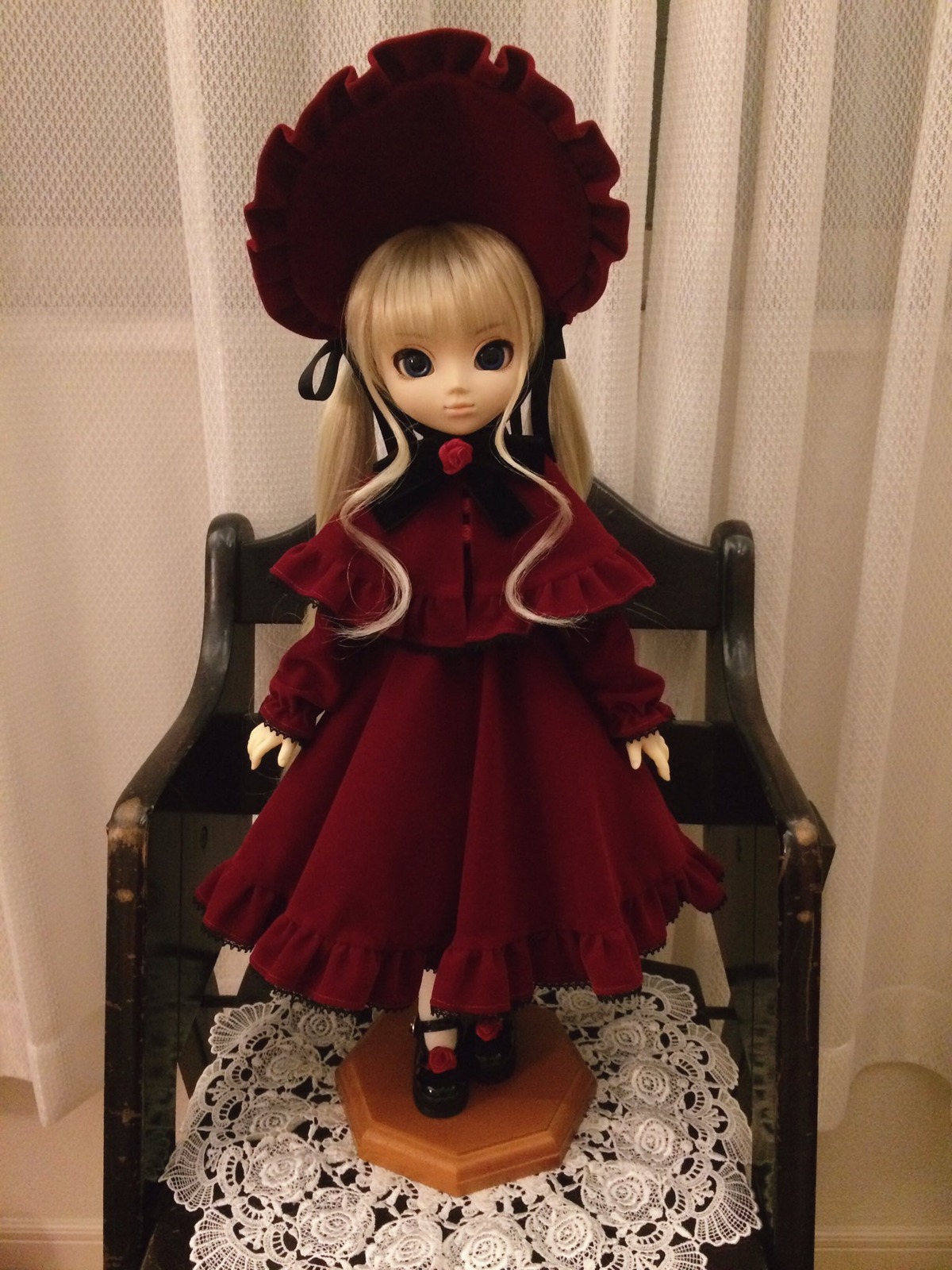 1girl blonde_hair blue_eyes bonnet bow doll dress flower full_body long_hair long_sleeves looking_at_viewer mary_janes pink_rose red_dress rose shinku shoes solo standing twintails