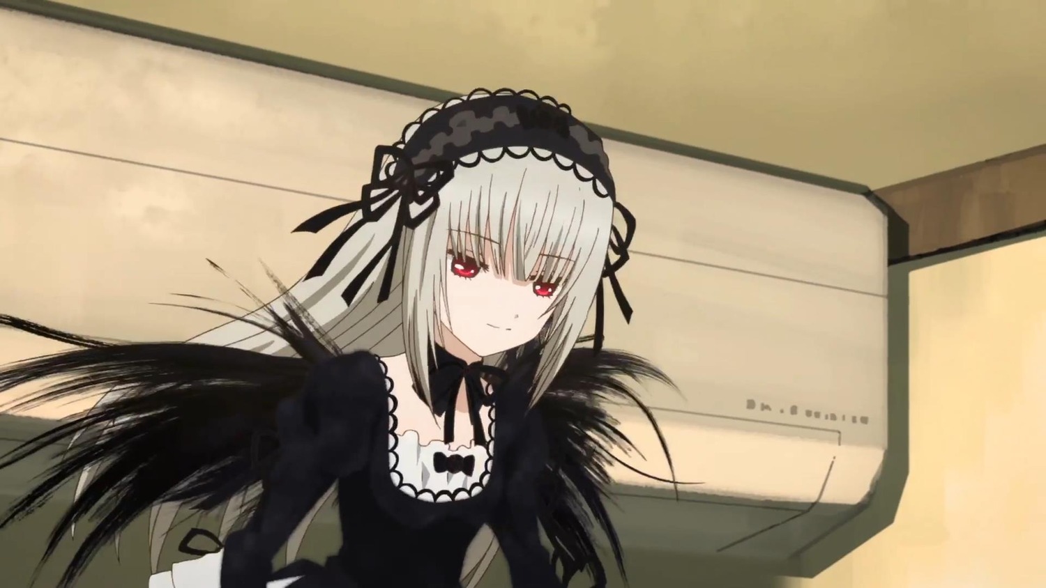 1girl black_dress black_ribbon closed_mouth dress frills hairband image long_hair long_sleeves looking_at_viewer red_eyes ribbon silver_hair smile solo suigintou wings