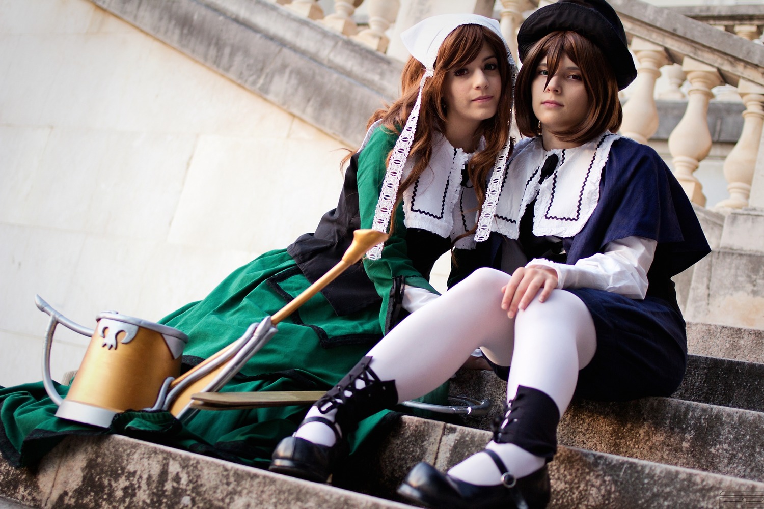 2girls 3d boots brown_hair hat jacket lips long_hair multiple_cosplay multiple_girls realistic sitting tagme white_legwear