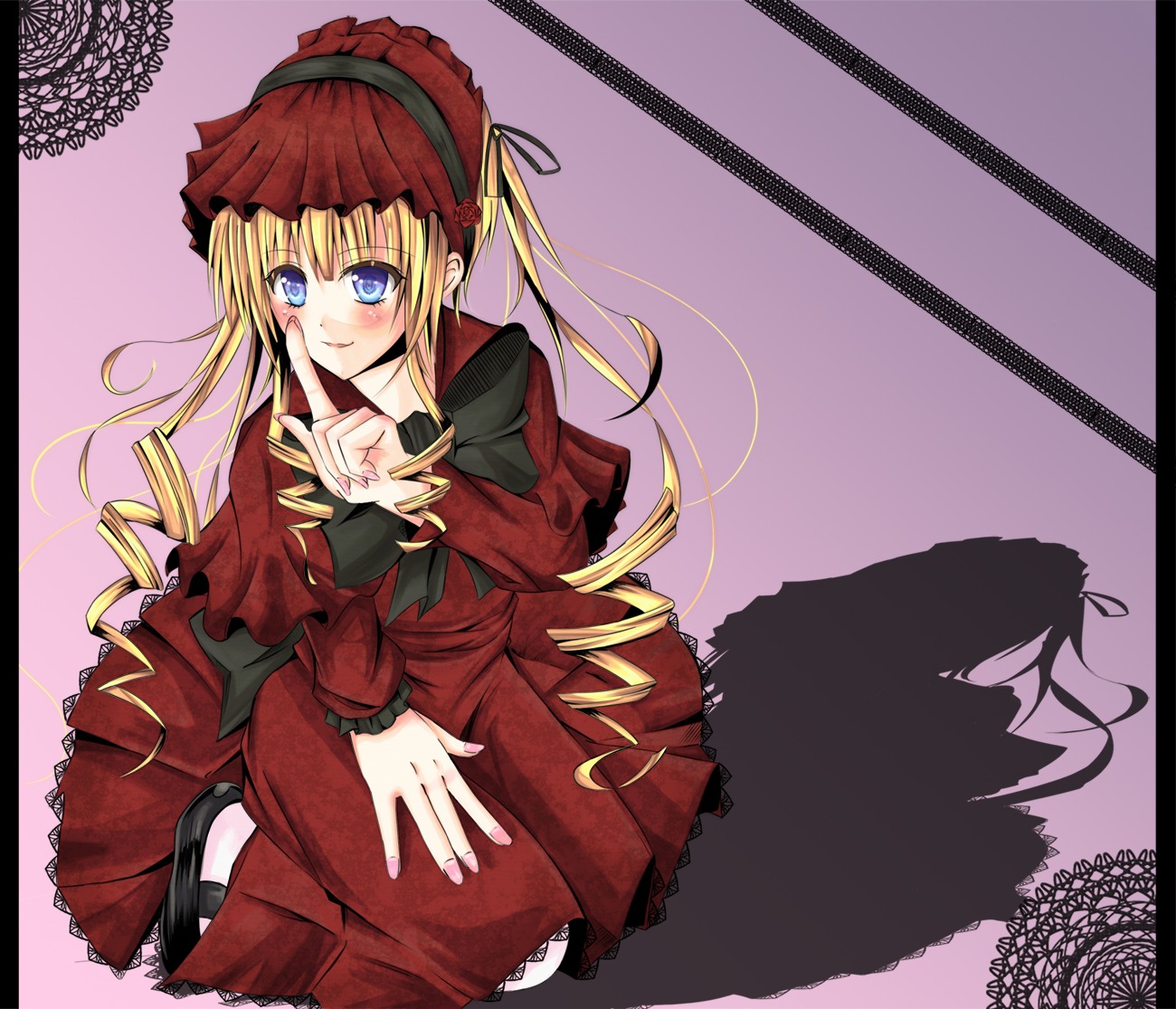 1girl blonde_hair blue_eyes blush bonnet dress drill_hair frills image long_hair long_sleeves looking_at_viewer red_dress shinku shoes smile solo twintails