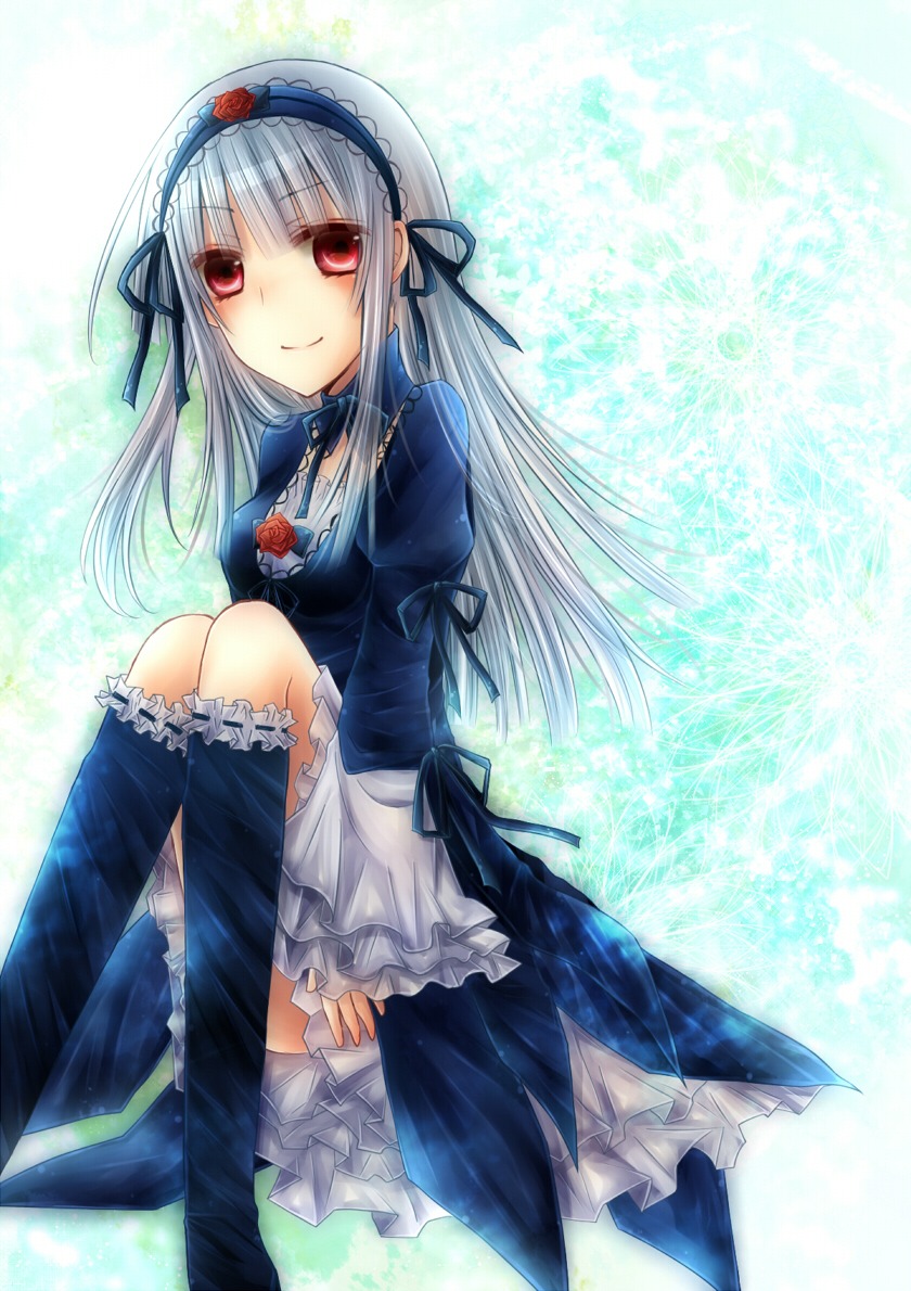 1girl black_dress boots dress frills hairband image juliet_sleeves long_hair long_sleeves looking_at_viewer puffy_sleeves red_eyes ribbon rose silver_hair sitting smile solo suigintou