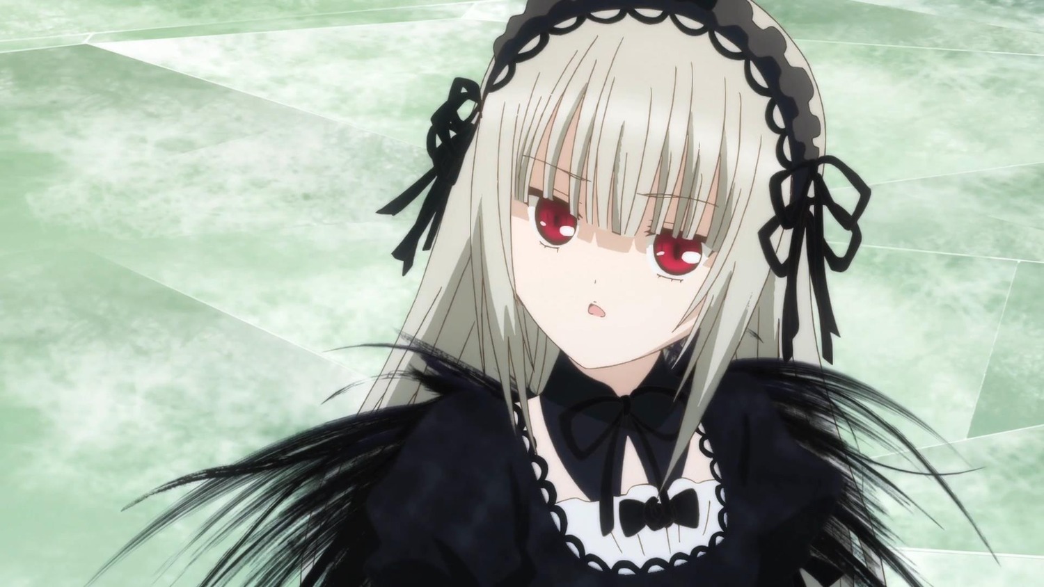 1girl bangs black_dress black_ribbon black_wings detached_collar dress eyebrows_visible_through_hair hairband image long_hair long_sleeves looking_at_viewer open_mouth puffy_sleeves red_eyes ribbon silver_hair solo suigintou upper_body wings