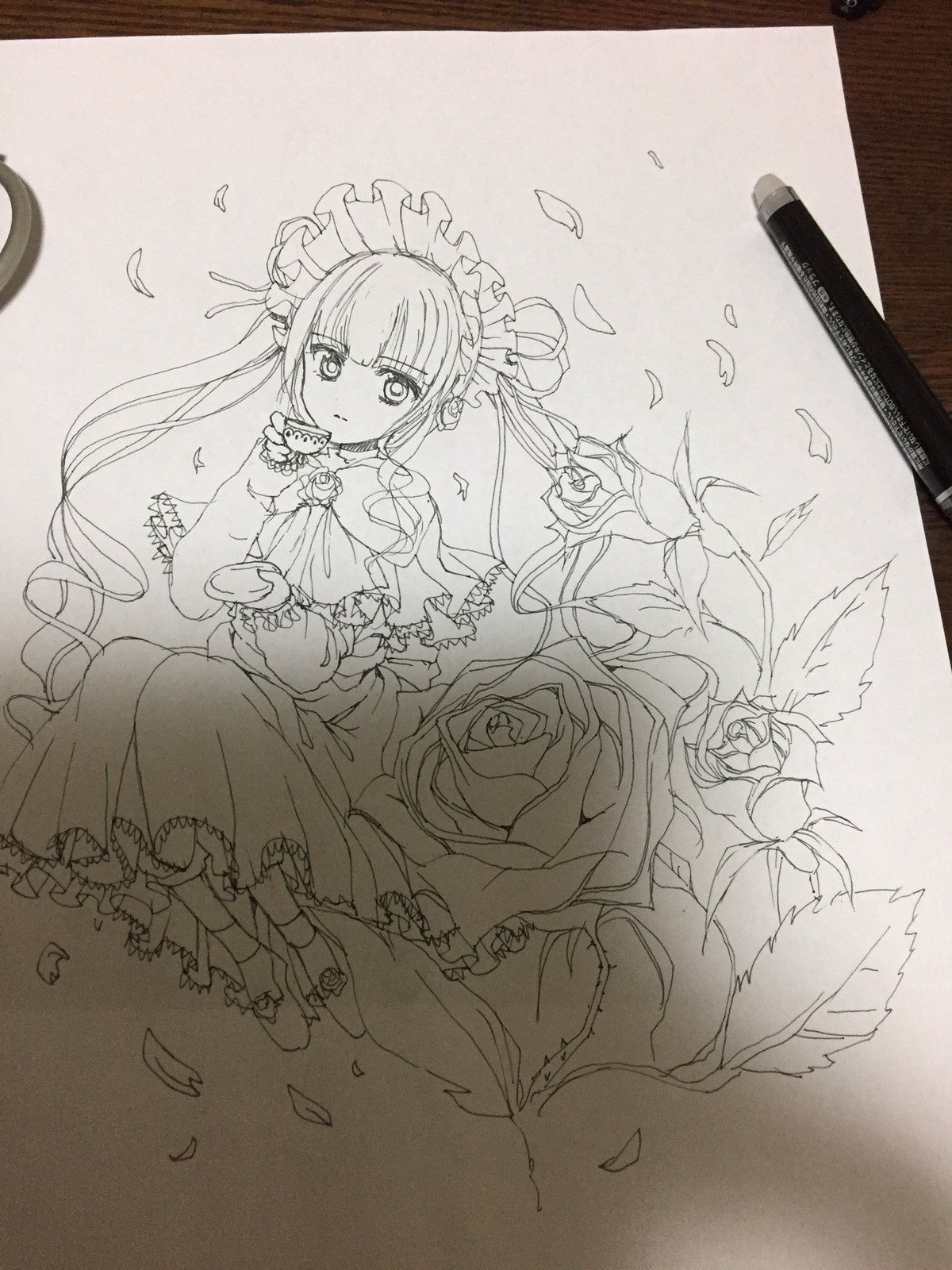 1girl dress flower image long_hair looking_at_viewer monochrome petals photo rose shinku solo traditional_media twintails very_long_hair