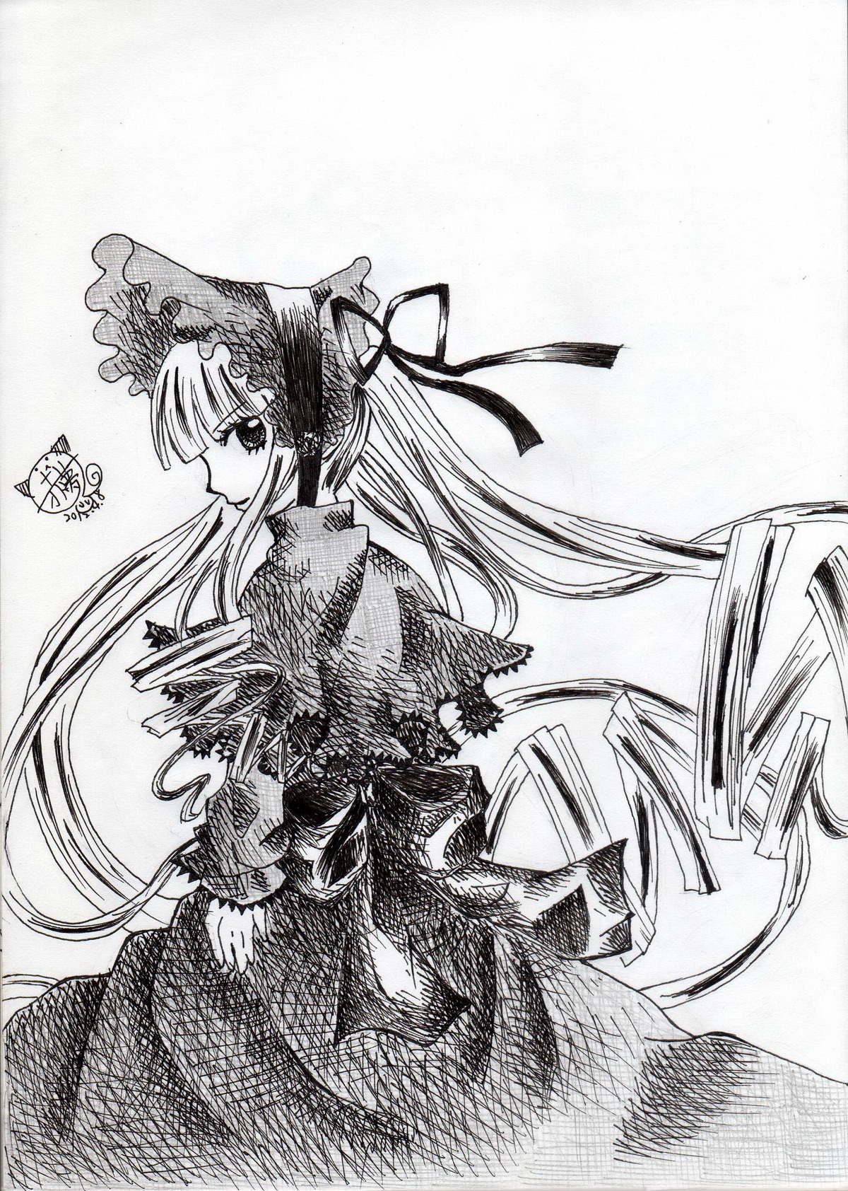 1girl bonnet capelet dress greyscale hat image long_hair long_sleeves looking_at_viewer looking_back monochrome ribbon shinku solo suigintou traditional_media twintails very_long_hair