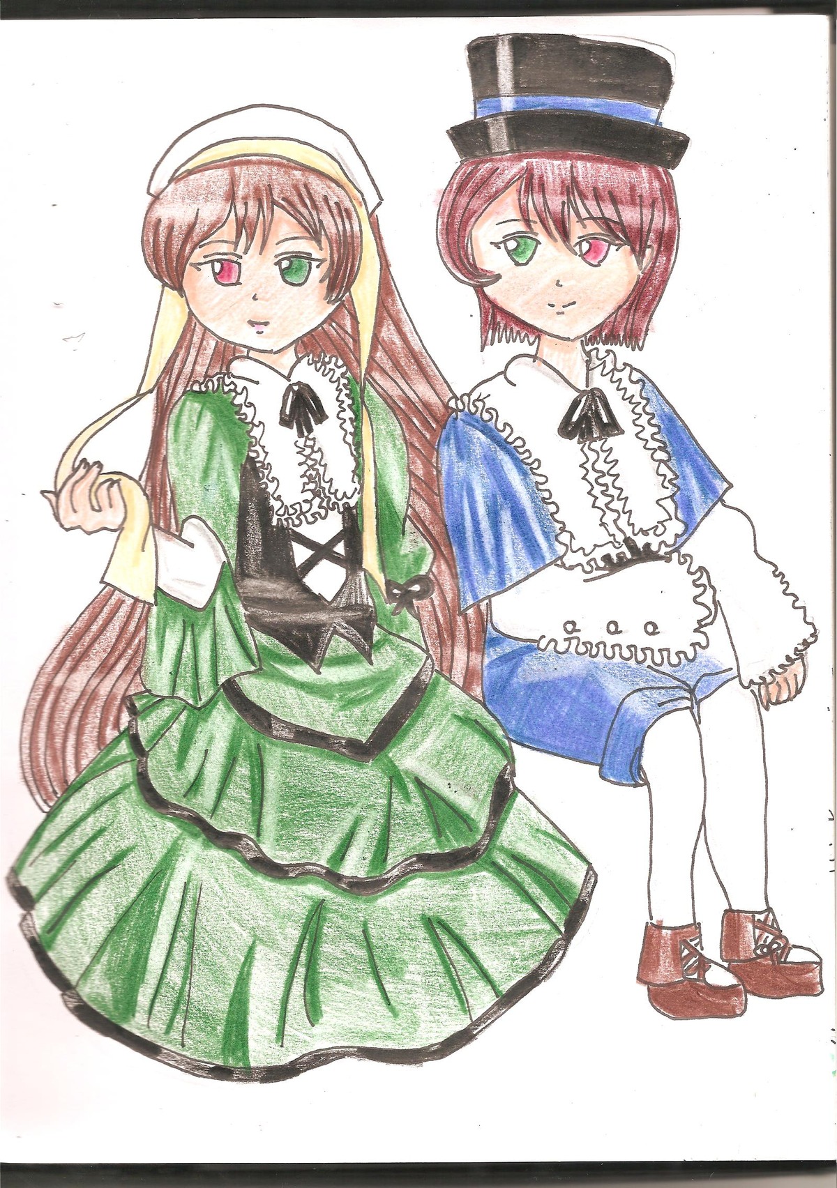 2girls blue_dress brown_hair dress frills full_body green_dress green_eyes hat heterochromia image long_hair long_sleeves looking_at_viewer multiple_girls pair pantyhose red_eyes short_hair siblings simple_background sisters souseiseki suiseiseki top_hat twins very_long_hair white_background white_legwear