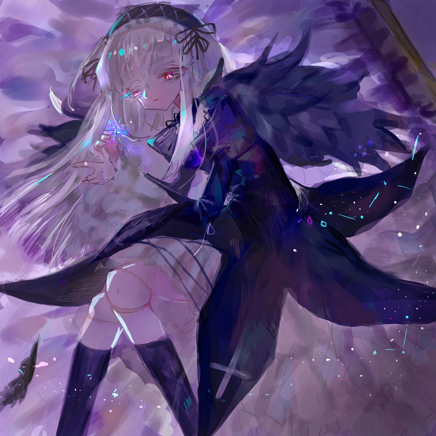 1girl bangs black_wings doll_joints dress feathered_wings feathers hairband image joints long_hair long_sleeves looking_at_viewer red_eyes ribbon solo suigintou wings