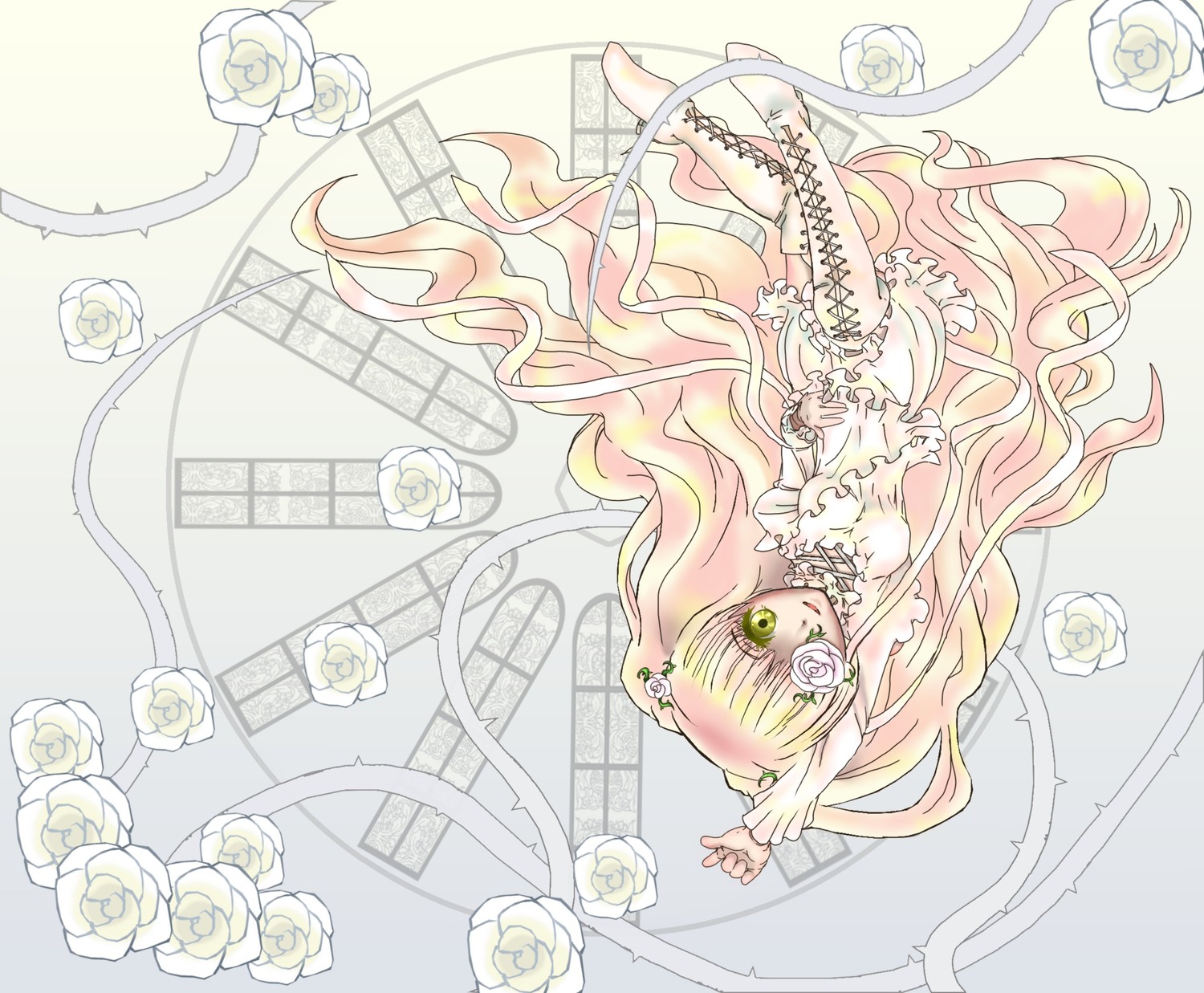 1girl blonde_hair dress eyepatch flower frills green_eyes hair_flower hair_ornament image kirakishou long_hair pink_rose rose solo thorns very_long_hair vines white_flower white_rose yellow_rose