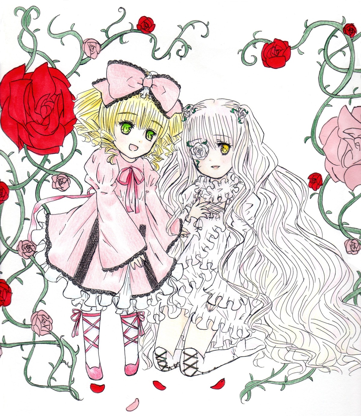 2girls blonde_hair blue_rose bow dress eyepatch flower frills green_eyes hina_ichigo hinaichigo image kirakishou long_hair long_sleeves multiple_girls open_mouth orange_flower pair petals pink_bow pink_flower pink_rose plant purple_rose red_flower red_rose ribbon rose rose_petals shinku smile thorns traditional_media very_long_hair vines watercolor_(medium) yellow_eyes yellow_rose