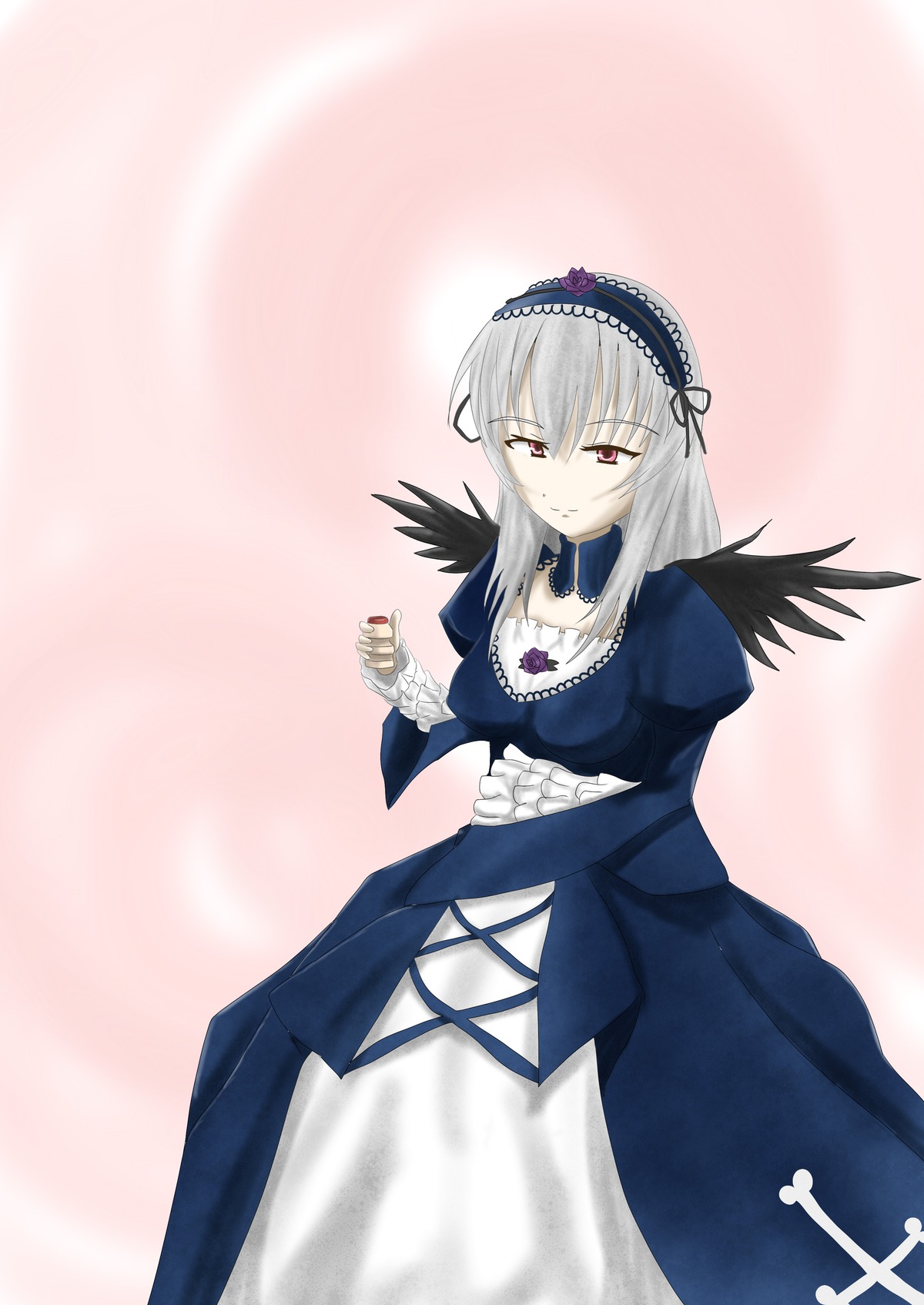 1girl black_wings dress feathers frills hairband image long_hair long_sleeves looking_at_viewer red_eyes silver_hair solo suigintou wings