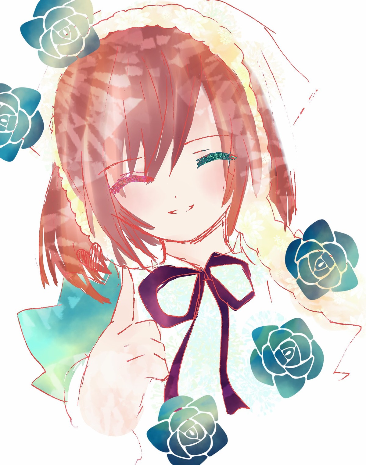 1girl blue_flower blue_rose blush closed_eyes facing_viewer flower image purple_rose red_flower red_rose ribbon rose short_hair smile solo striped suiseiseki vertical_stripes white_rose